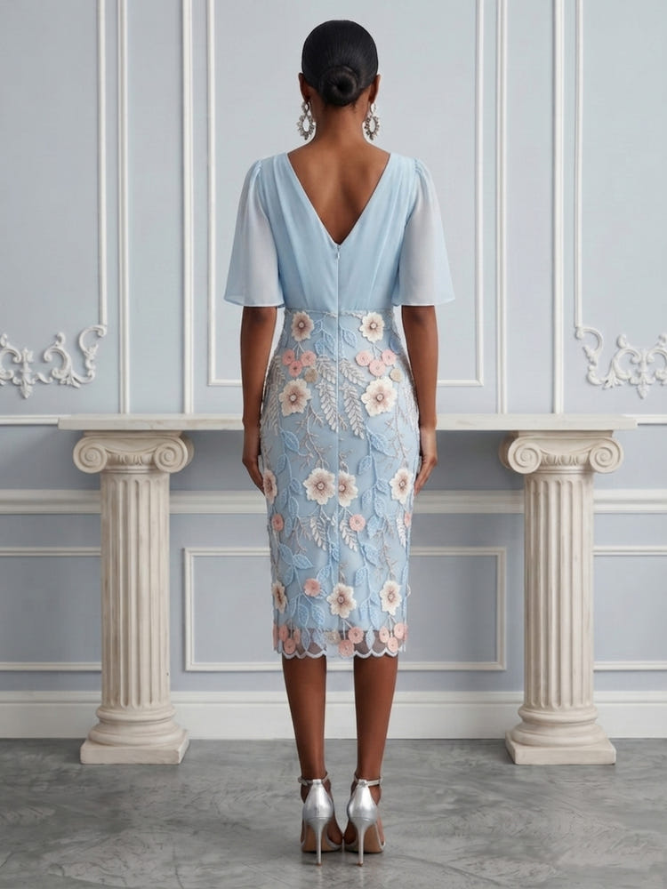 Chiffon Sheath V Neck Cocktail Dresses with Floral Embroidery