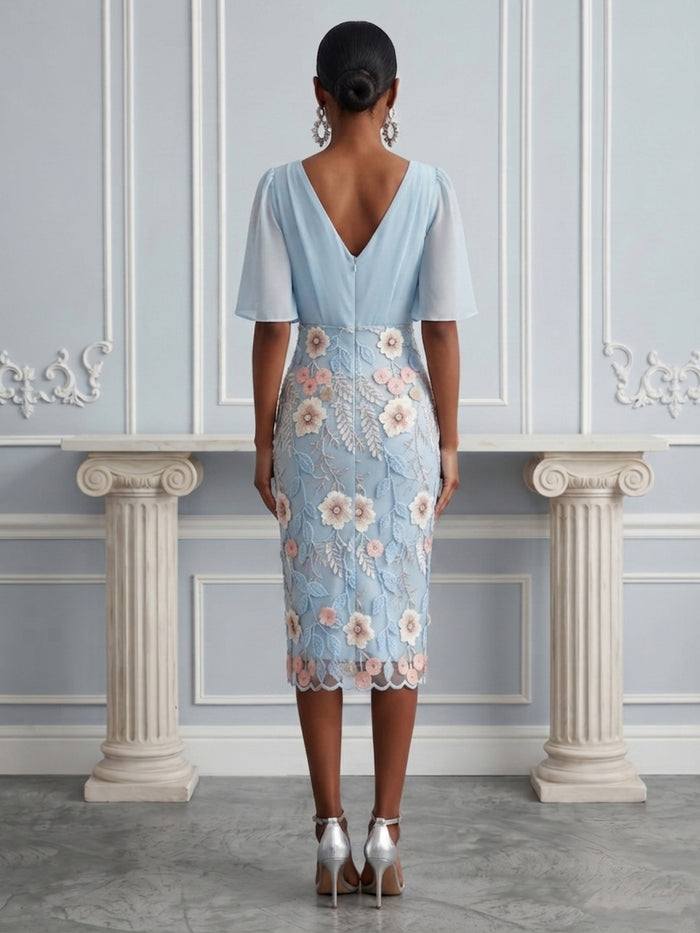 Chiffon Sheath V Neck Cocktail Dresses with Floral Embroidery
