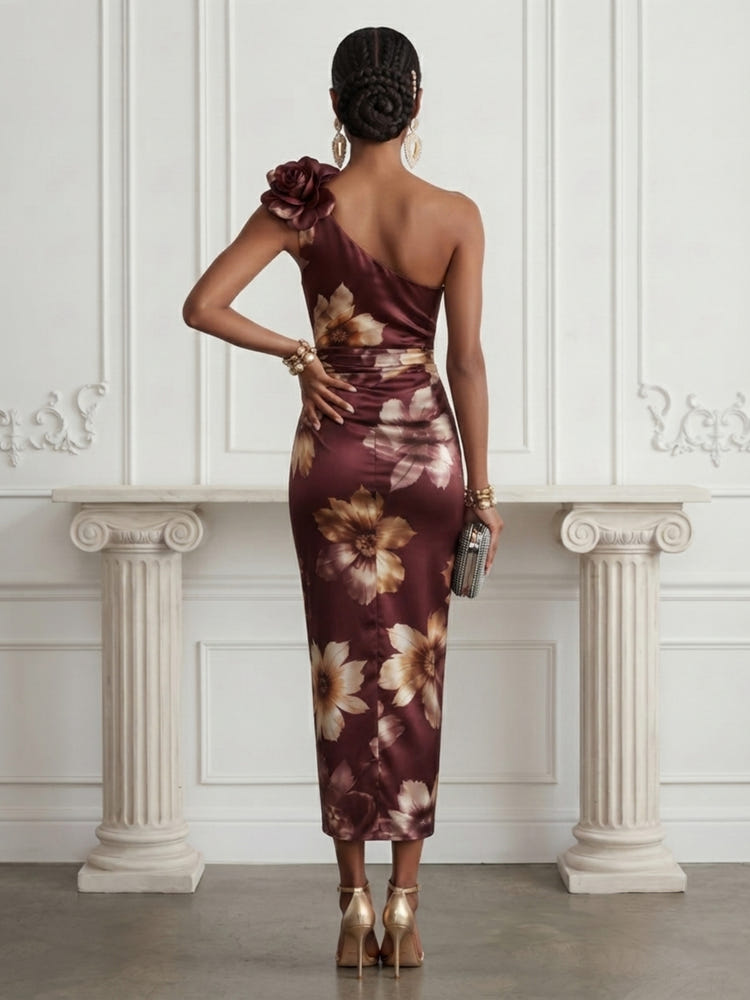 Satin Sheath One Shoulder Cocktail Dresses with Side Waist Ruched Shaping Detail
