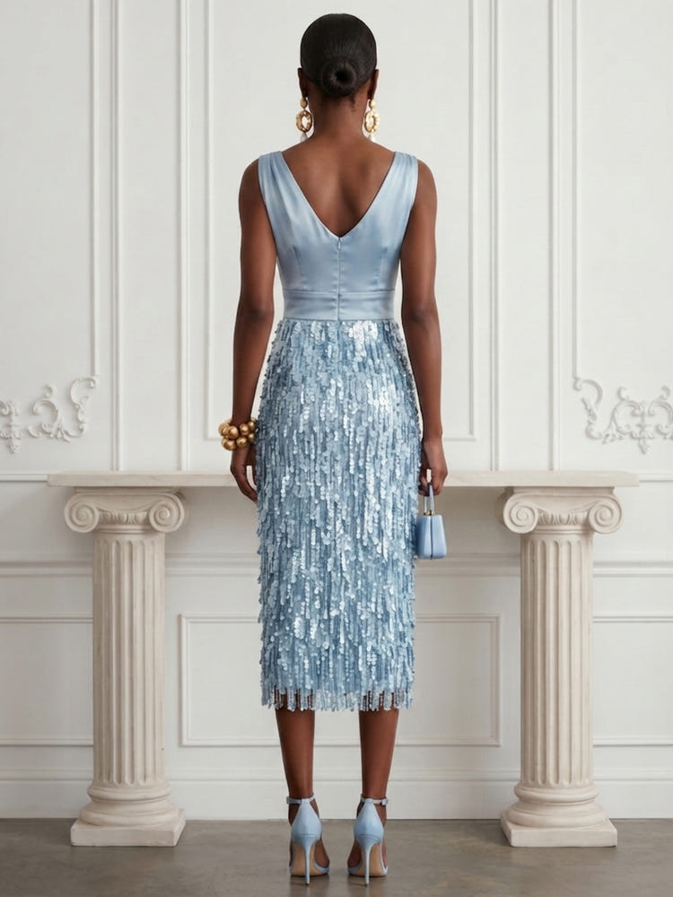 Sequin Sheath V Neck Cocktail Dresses with Pleated