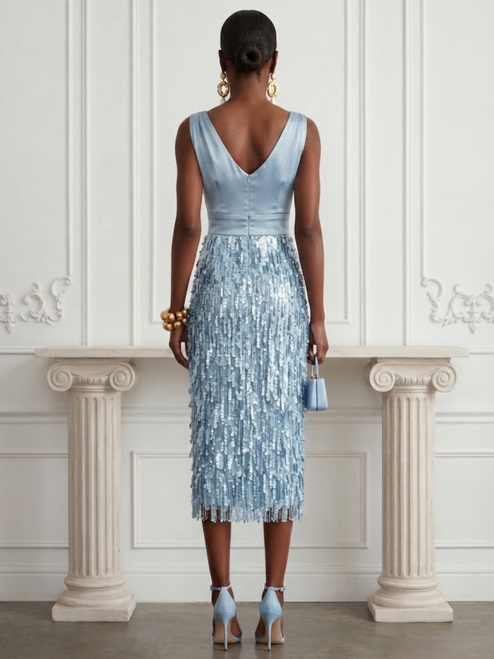 Sequin Sheath V Neck Cocktail Dresses with Pleated