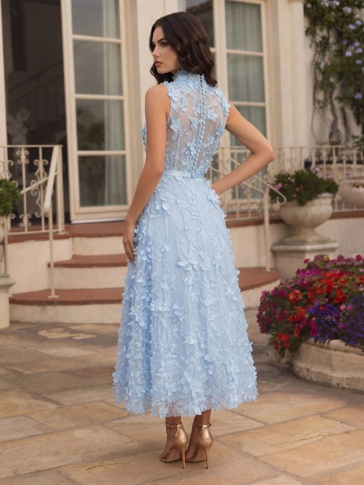 Tulle A-Line High Neck Cocktail Dresses with 3D Flowers