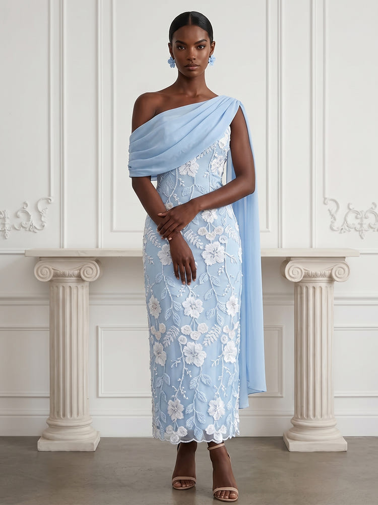 Chiffon Sheath One Shoulder Cocktail Dresses with Floral Embroidery