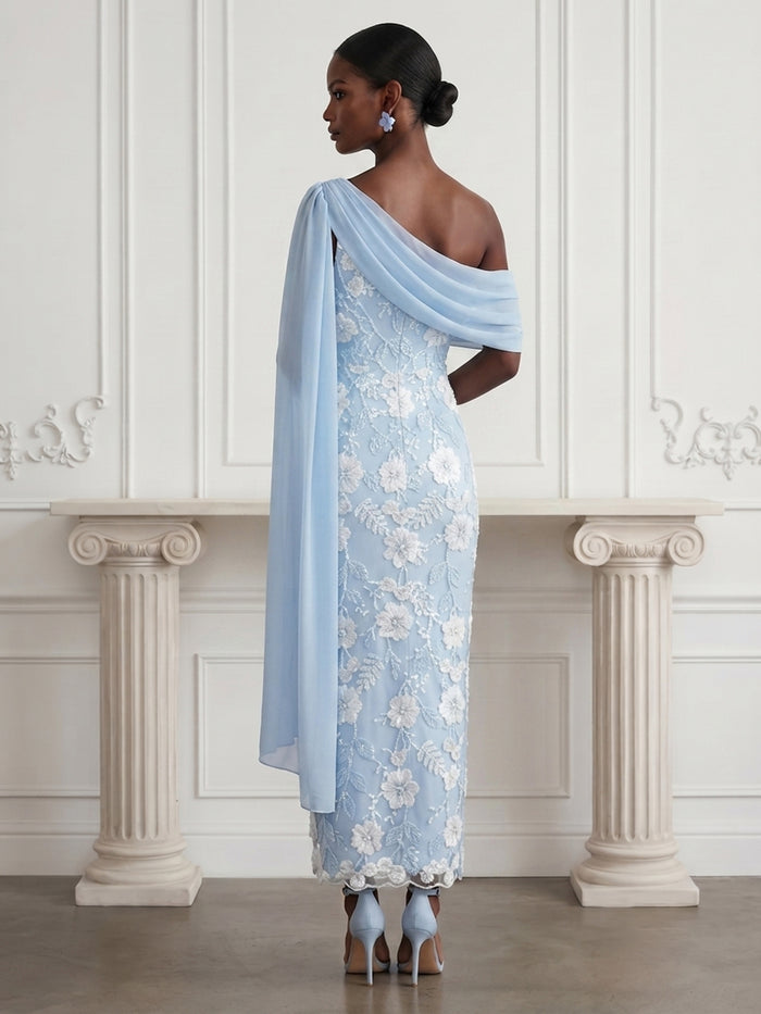 Chiffon Sheath One Shoulder Cocktail Dresses with Floral Embroidery