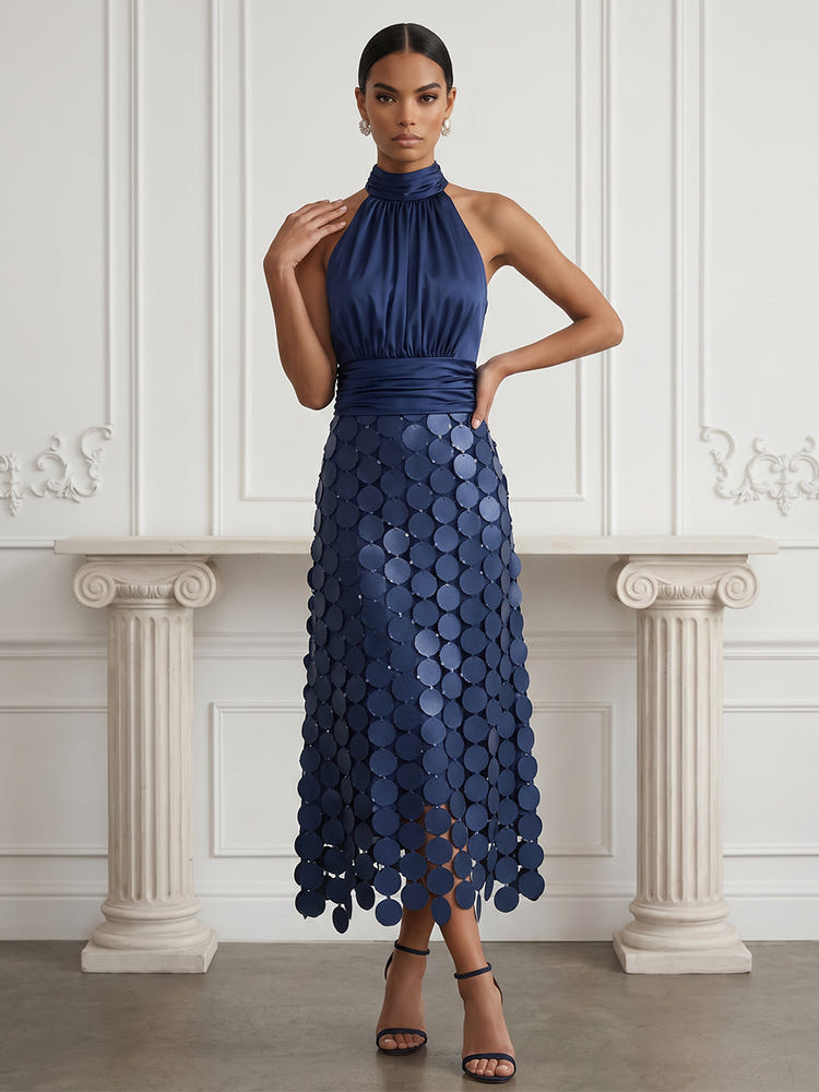 Satin A-Line Halter Cocktail Dresses with Layered Large Circular Petal Patchwork