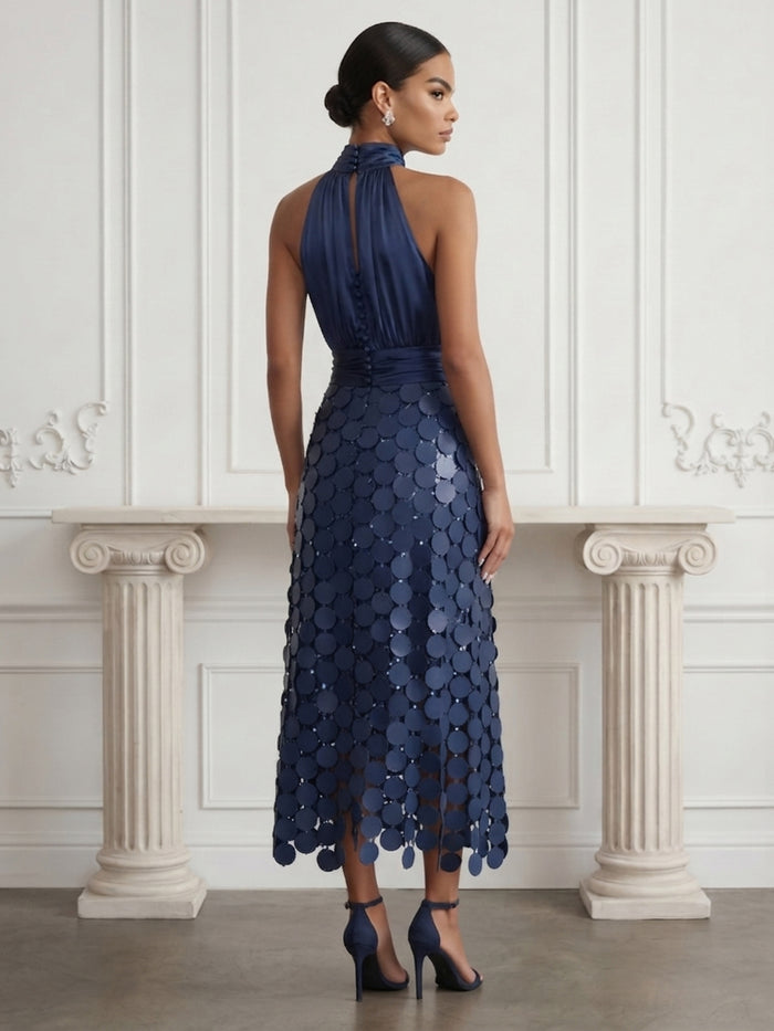Satin A-Line Halter Cocktail Dresses with Layered Large Circular Petal Patchwork