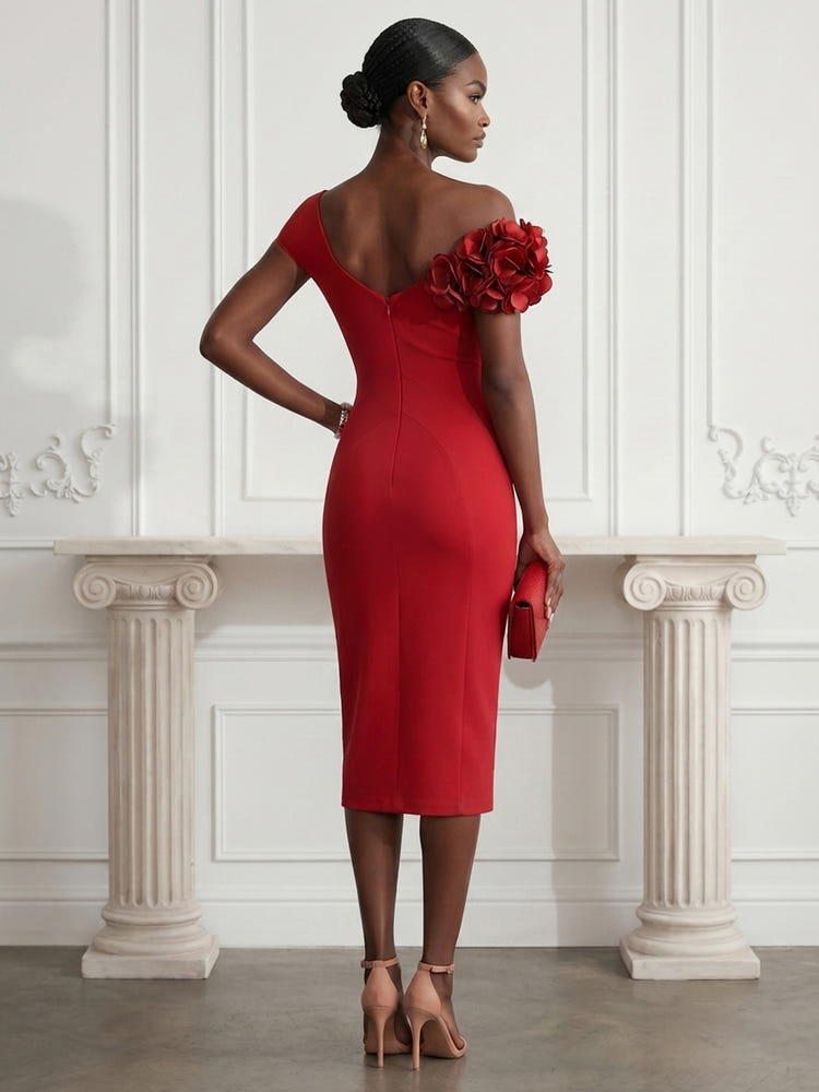 Jersey Sheath One Shoulder Cocktail Dresses with 3D Flowers