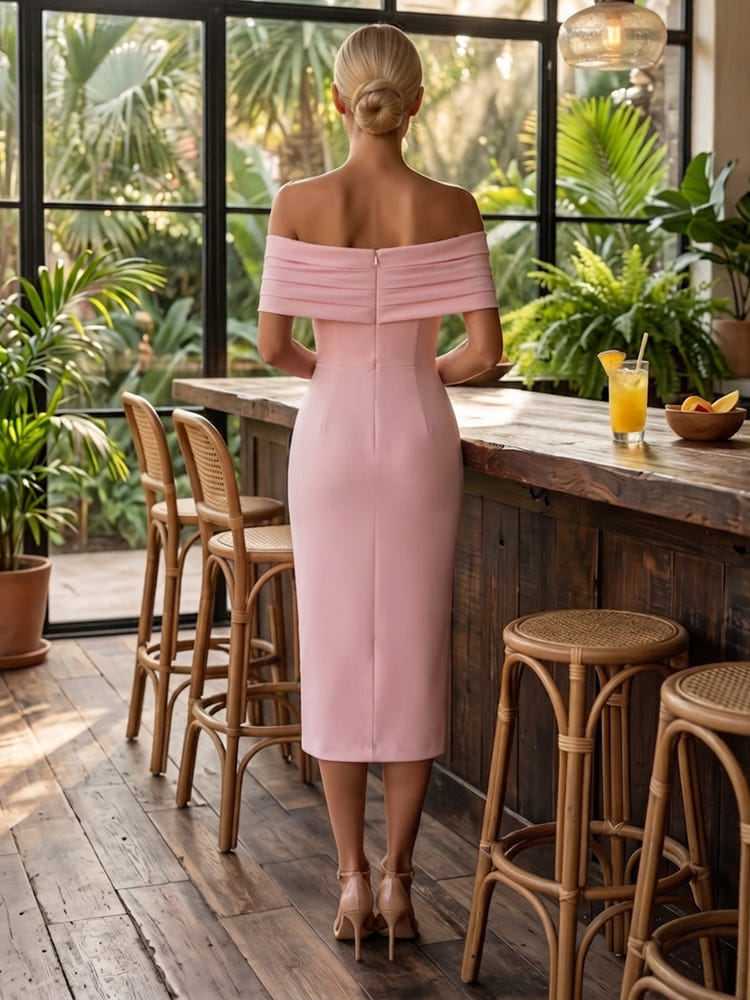 Jersey Sheath Off Shoulder Cocktail Dresses with 3D Flowers