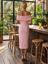 Jersey Sheath Off Shoulder Cocktail Dresses with 3D Flowers
