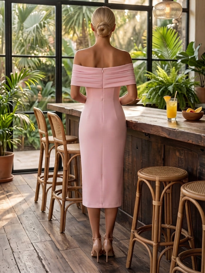Jersey Sheath Off Shoulder Cocktail Dresses with 3D Flowers