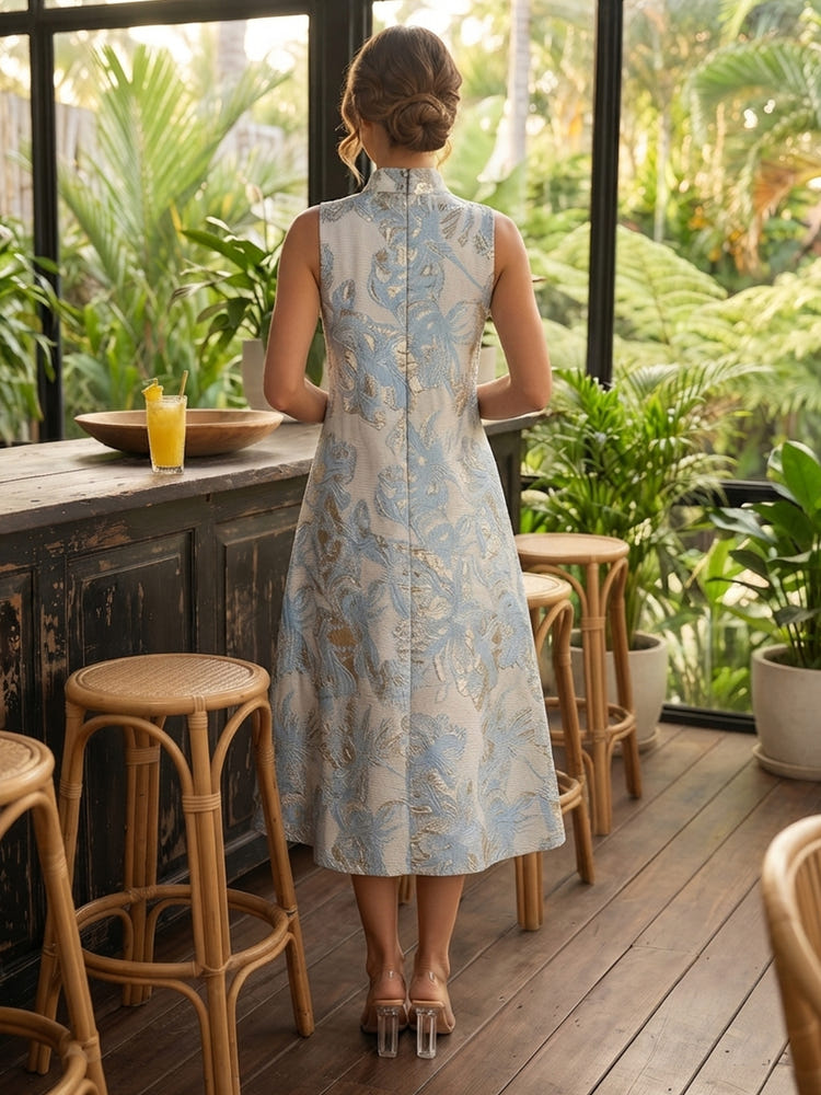 Jacquard A-Line High Neck Cocktail Dresses with Embossed Floral Pattern