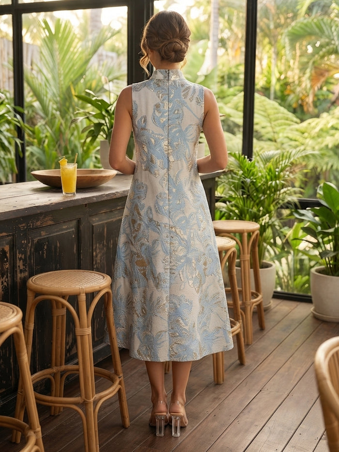 Jacquard A-Line High Neck Cocktail Dresses with Embossed Floral Pattern
