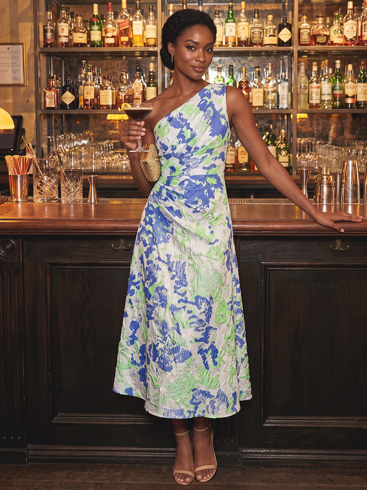 Jacquard A-Line One Shoulder Cocktail Dresses with Side Waist Ruched Shaping Detail