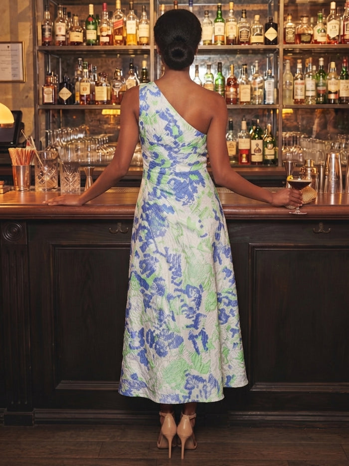 Jacquard A-Line One Shoulder Cocktail Dresses with Side Waist Ruched Shaping Detail