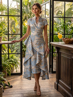 Jacquard A-Line Stand Colla Cocktail Dresses with Ruffles