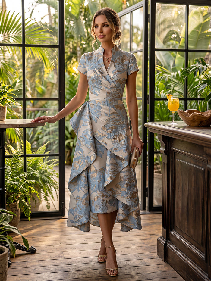 Jacquard A-Line Stand Colla Cocktail Dresses with Ruffles
