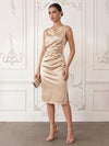 Satin Sheath Cowl Neck Cocktail Dresses with Side Waist Ruched Shaping Detail