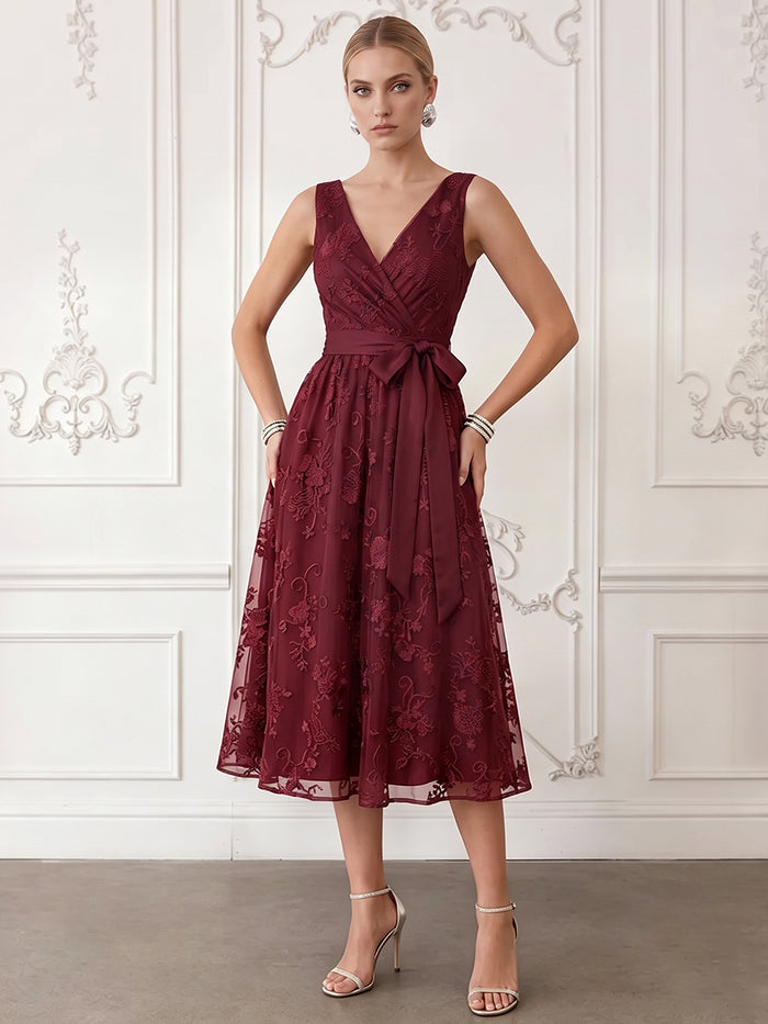 Tulle A-Line V Neck Cocktail Dresses with Floral Embroidery