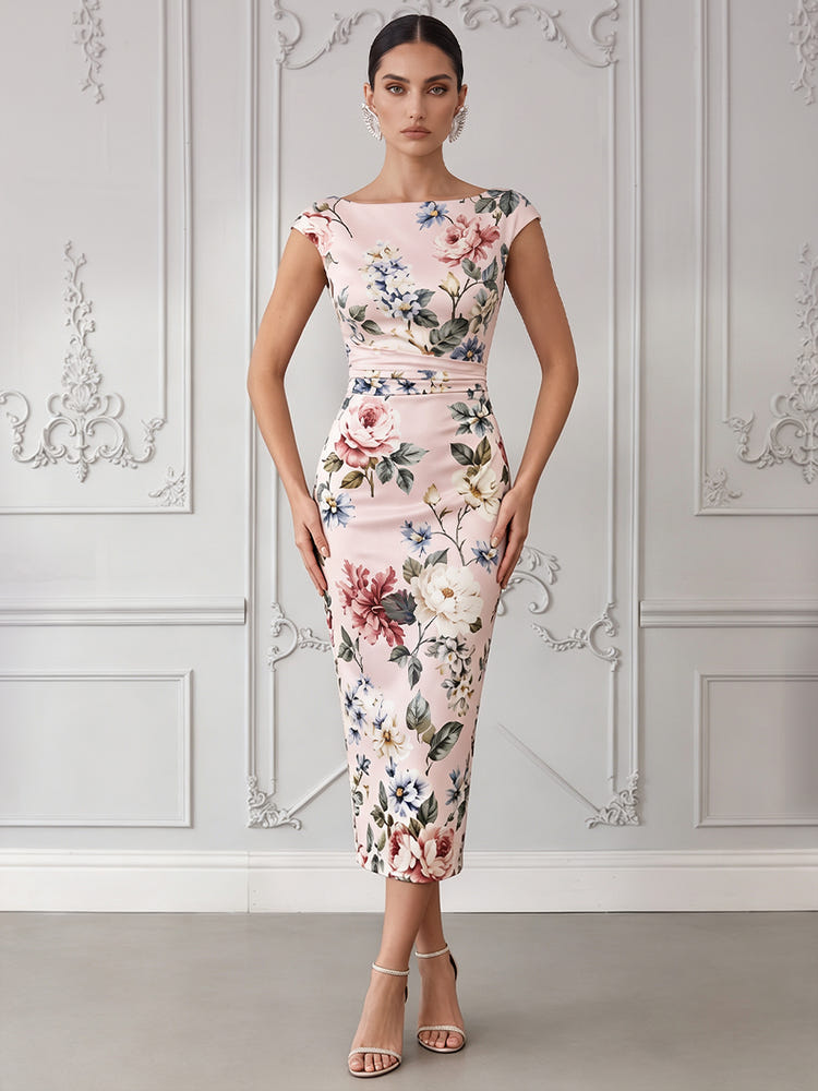 Satin Sheath Boat Neck  Cocktail Dresses with Floral Print