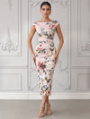 Satin Sheath Boat Neck  Cocktail Dresses with Floral Print