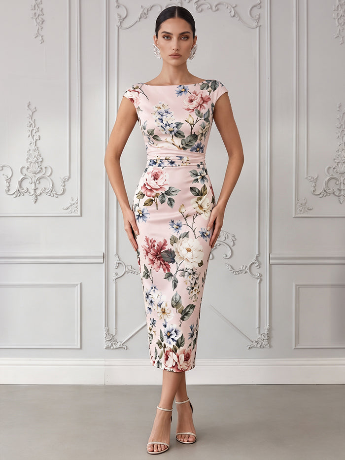 Satin Sheath Boat Neck  Cocktail Dresses with Floral Print