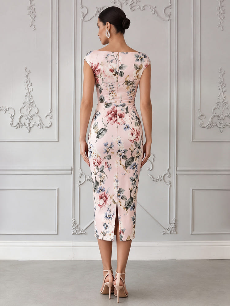 Satin Sheath Boat Neck  Cocktail Dresses with Floral Print