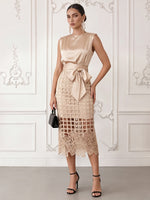 Satin Sheath Crew Neck Cocktail Dresses with Grid Hollow Cutout