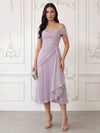 Chiffon Sheath Off Shoulder Cocktail Dresses with Delicate Pleated