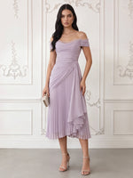 Chiffon Sheath Off Shoulder Cocktail Dresses with Delicate Pleated