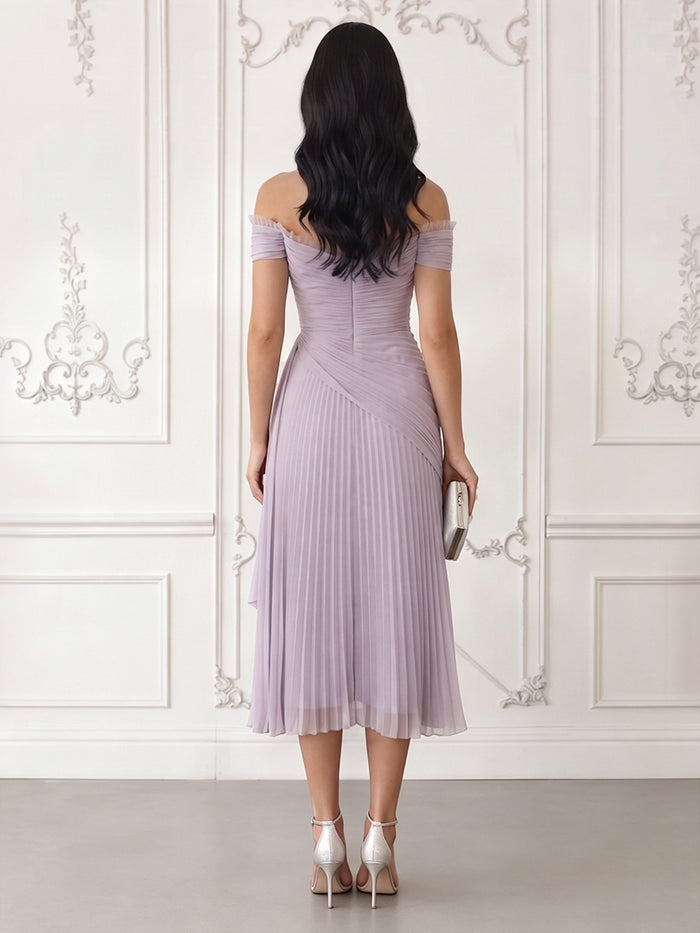 Chiffon Sheath Off Shoulder Cocktail Dresses with Delicate Pleated