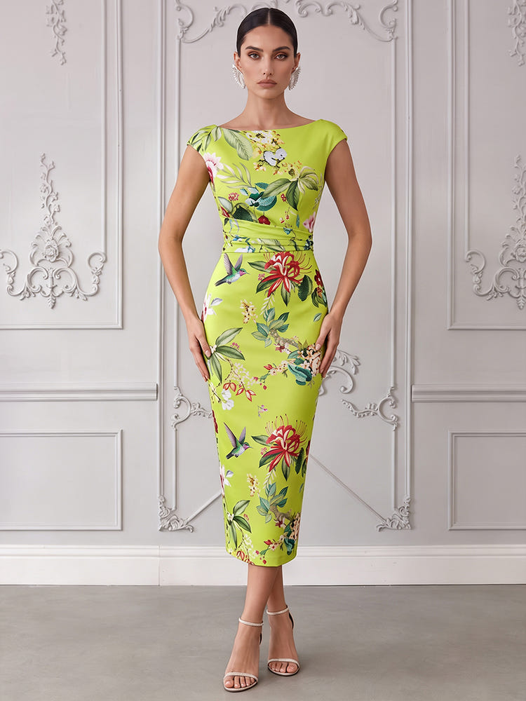 Satin Sheath Boat Neck  Cocktail Dresses with Floral Print