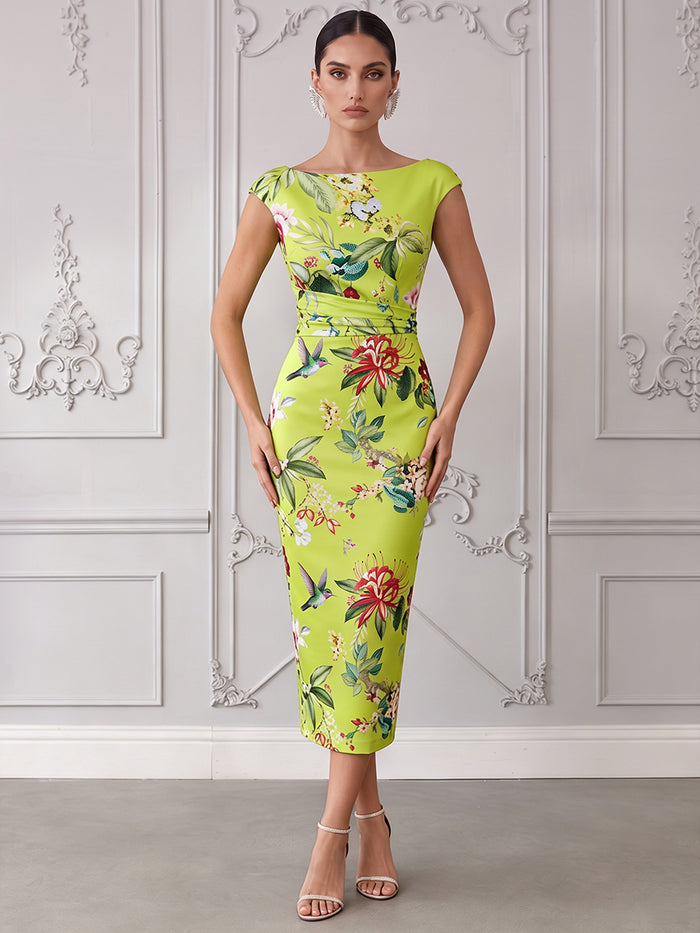 Satin Sheath Boat Neck  Cocktail Dresses with Floral Print