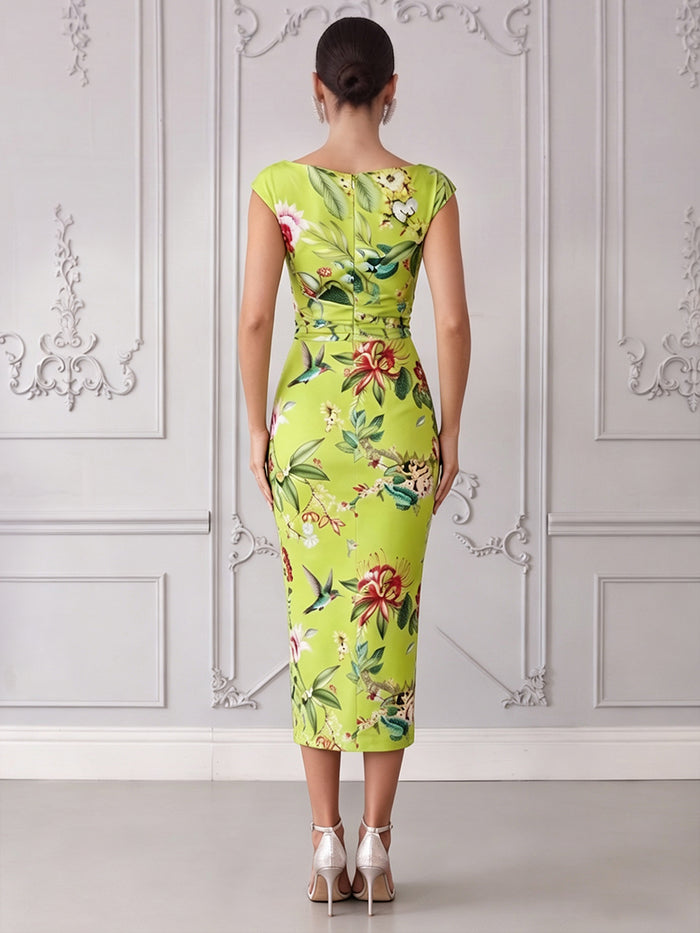 Satin Sheath Boat Neck  Cocktail Dresses with Floral Print