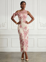Jacquard Sheath One Shoulder Cocktail Dresses with Floral Embroidery