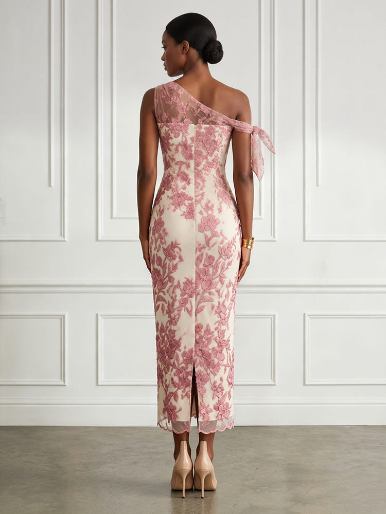 Jacquard Sheath One Shoulder Cocktail Dresses with Floral Embroidery
