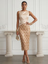 Satin Sheath Boat Neck  Cocktail Dresses with Diamond Mesh Fringe Beaded