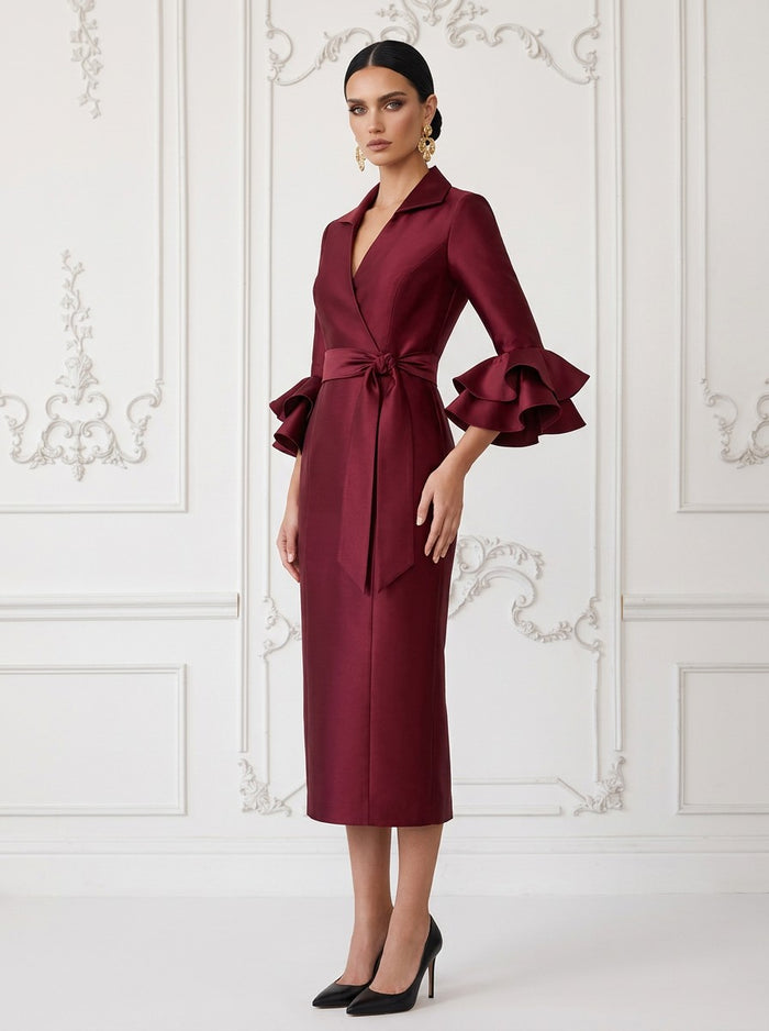Satin Sheath V Neck Cocktail Dresses with Bow