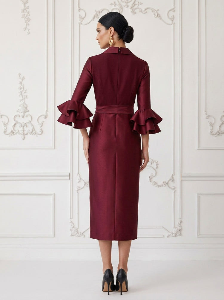 Satin Sheath V Neck Cocktail Dresses with Bow