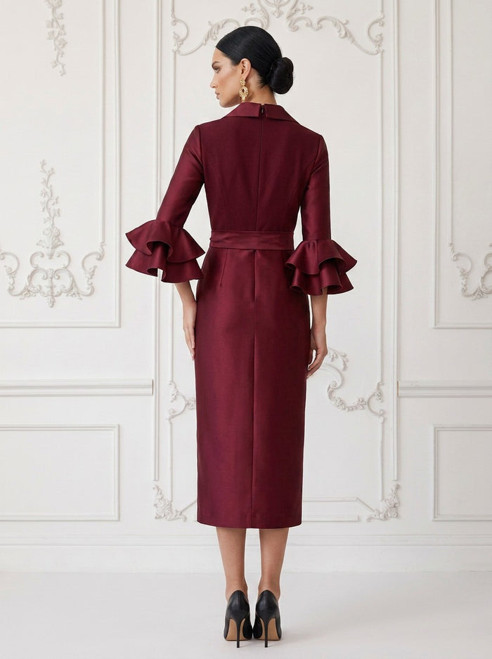 Satin Sheath V Neck Cocktail Dresses with Bow