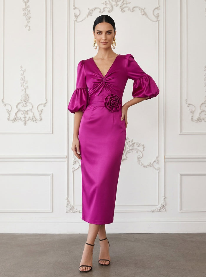 Satin Sheath V Neck Cocktail Dresses with 3D Flowers