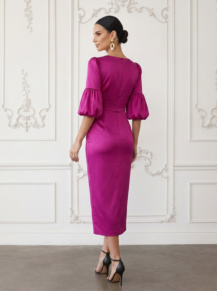 Satin Sheath V Neck Cocktail Dresses with 3D Flowers