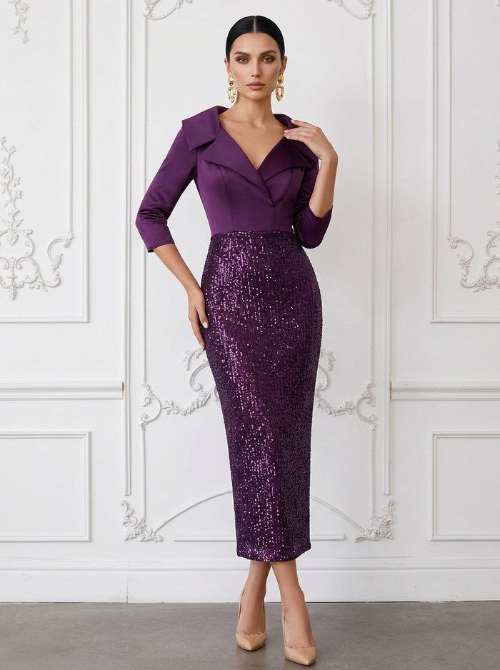 Sequin Sheath V Neck Cocktail Dresses with Splicing
