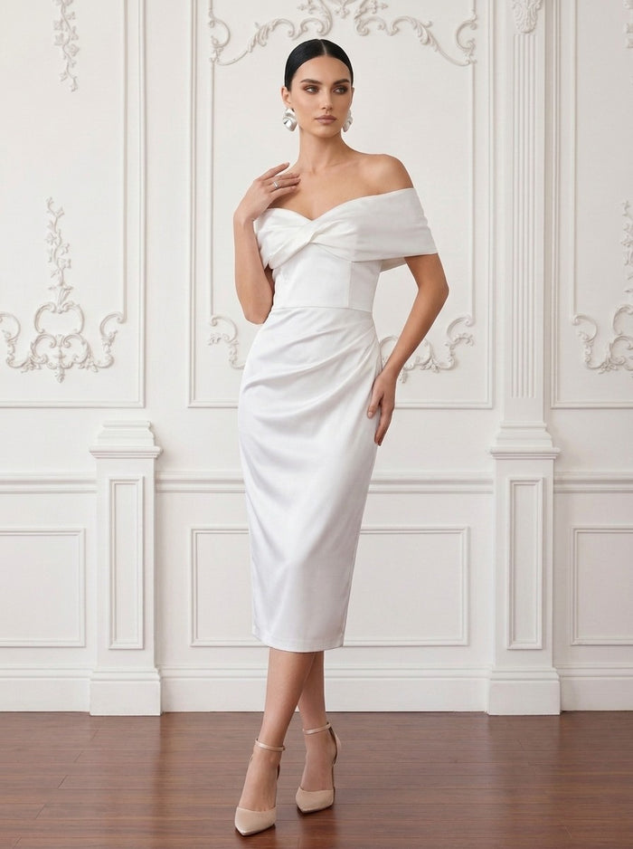 Satin Sheath Off Shoulder Cocktail Dresses with Pleated