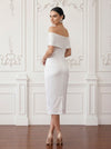 Satin Sheath Off Shoulder Cocktail Dresses with Pleated
