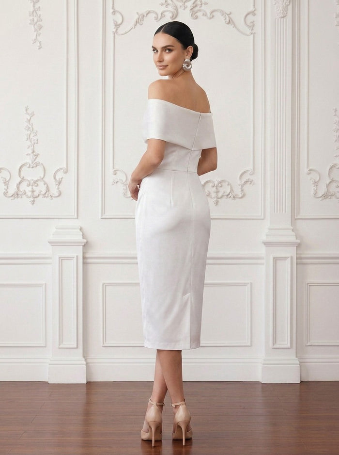 Satin Sheath Off Shoulder Cocktail Dresses with Pleated