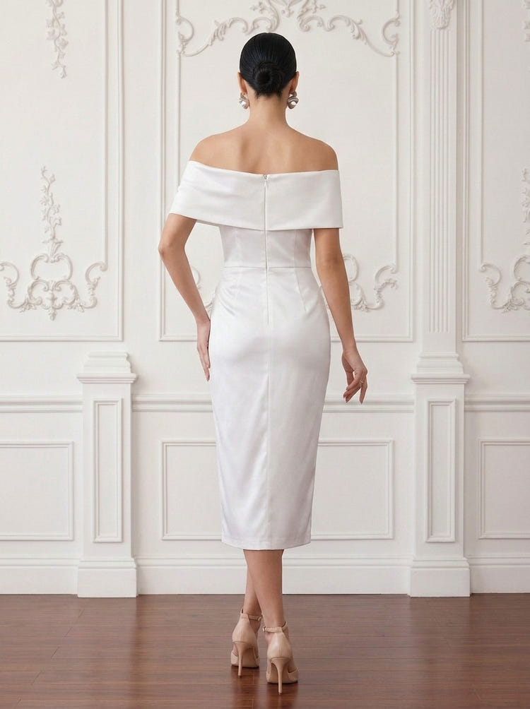 Satin Sheath Off Shoulder Cocktail Dresses with Pleated