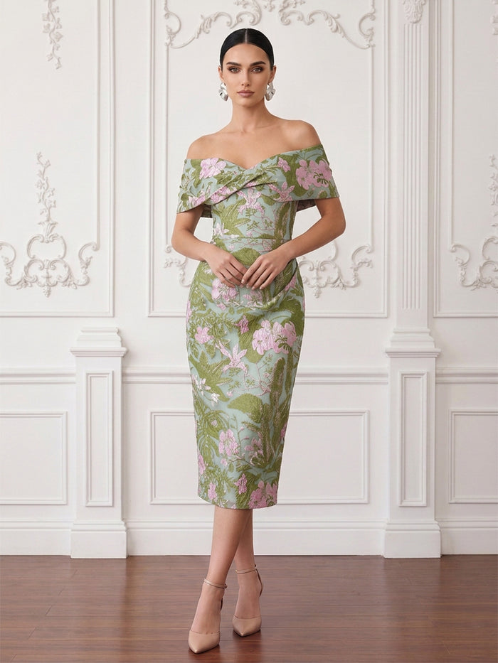 Jersey Sheath Off Shoulder Cocktail/Party Wedding Guest Dresses with Pleated