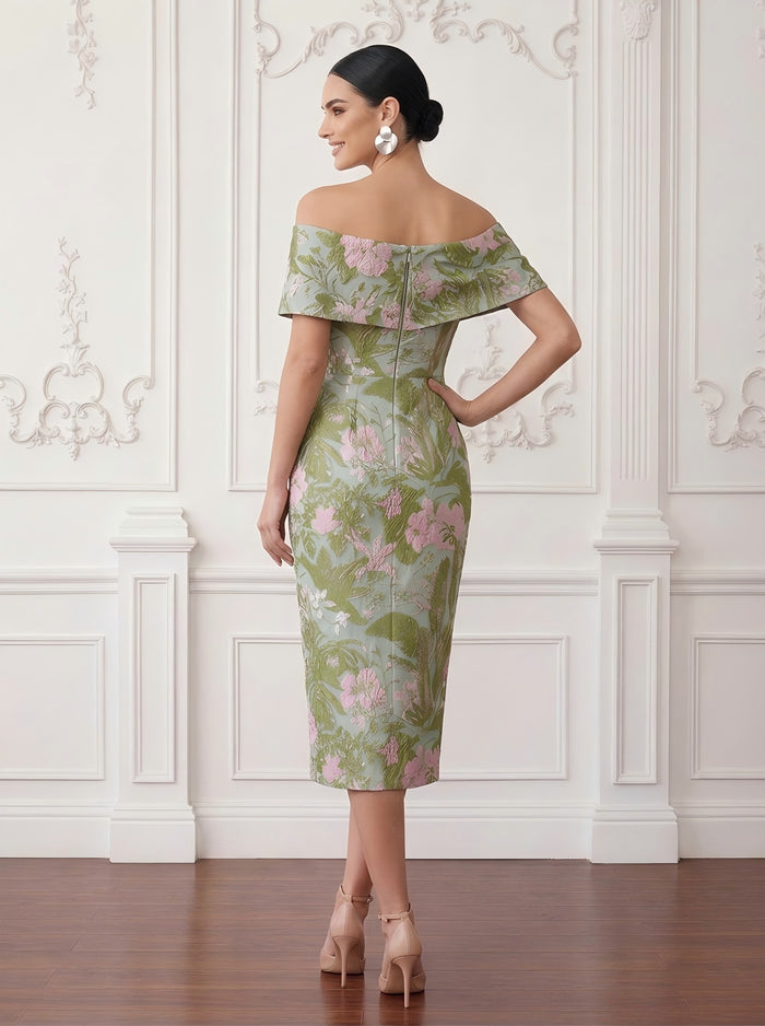 Jersey Sheath Off Shoulder Cocktail/Party Wedding Guest Dresses with Pleated