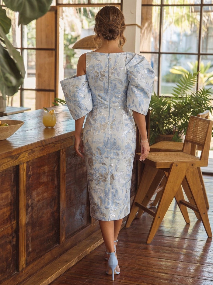 Jacquard Sheath One Shoulder Cocktail/Party Wedding Guest Dresses with Puffy Sleeves