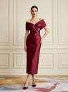 Satin Sheath Off Shoulder Cocktail Dresses with Rhinestone